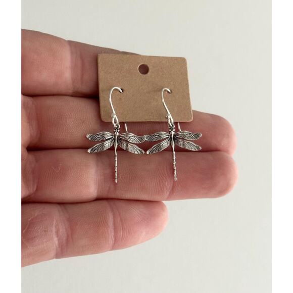 Sterling Silver Dragonfly Dangle Earrings, Silver Dragonfly Drop Earrings - Picture 1 of 5